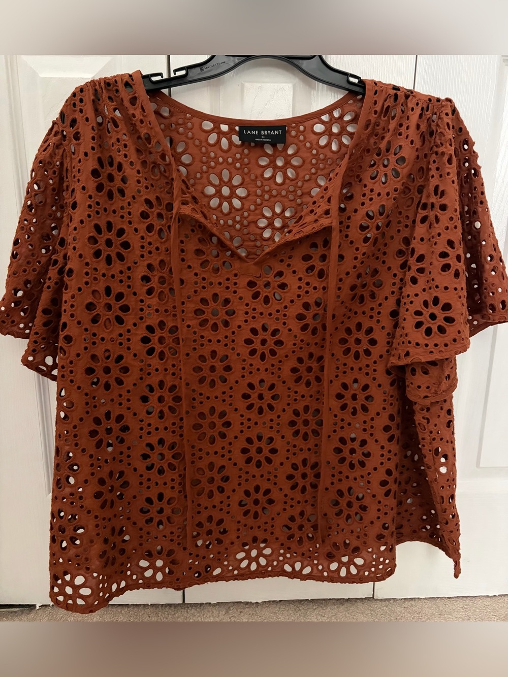 Lane Bryant Rust Floral Eyelet Tie-Neck Blouse